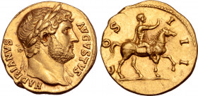 Hadrian AV Aureus. Rome, AD 125-128. HADRIANVS AVGVSTVS, laureate bust to right, slight drapery on far shoulder / COS III, emperor riding horse to rig...