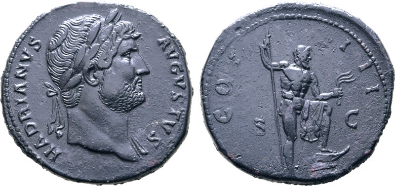 Hadrian Æ Sestertius. Rome, AD 125-127. HADRIANVS AVGVSTVS, laureate bust to rig...