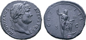 Hadrian Æ Sestertius. Rome, AD 125-127. HADRIANVS AVGVSTVS, laureate bust to right, slight drapery on far shoulder / COS III, Neptune standing to righ...