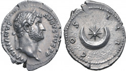 Hadrian AR Denarius. Rome, AD 128-129. HADRIANVS AVGVSTVS P P, laureate head to right / COS III, star within crescent. RIC II.3 924; BMCRE 510 note; R...