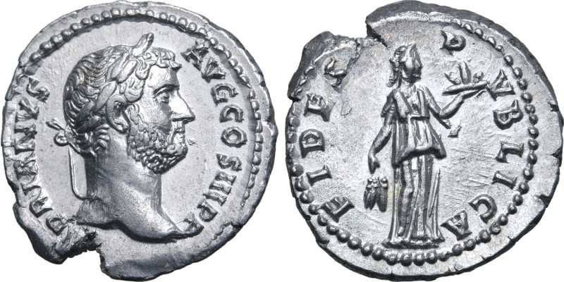 Hadrian AR Denarius. Rome, AD 136. [HA]DRIANVS AVG COS III P P, laureate head to...