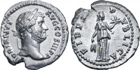 Hadrian AR Denarius. Rome, AD 136. [HA]DRIANVS AVG COS III P P, laureate head to right / FIDES PVBLICA, Fides standing to right, holding corn-ears and...