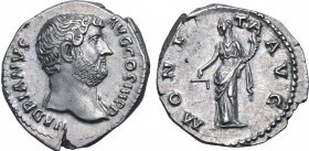 Hadrian AR Denarius. Rome, AD 136. HADRIANVS AVG COS III P P, bare head to right, slight drapery on far shoulder / MONETA AVG, Moneta standing to left...