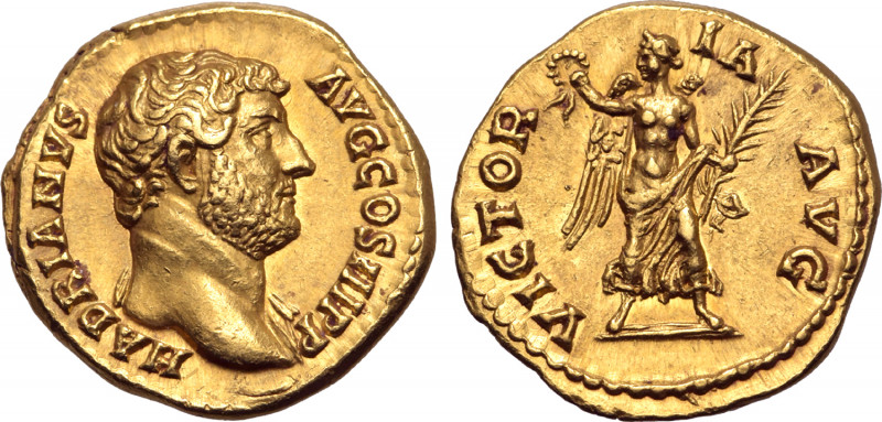 Hadrian AV Aureus. Rome, AD 136. HADRIANVS AVG COS III P P, bare-headed bust to ...