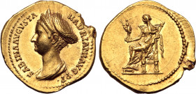Sabina (wife of Hadrian) AV Aureus. Rome, AD 128-129. SABINA AVGVSTA HADRIANI AVG P P, draped bust to left, wearing double stephane / Vesta seated to ...