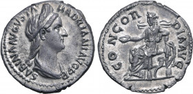 Sabina (wife of Hadrian) AR Denarius. Rome, AD 130-133. SABINA AVGVSTA HADRIANI AVG P P, diademed and draped bust to right / CONCORDIA AVG, Concordia ...