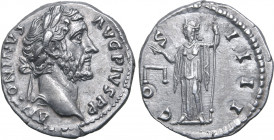 Antoninus Pius AR Denarius. Rome, AD 145-161. ANTONINVS AVG PIVS P P, laureate head to right / COS IIII, Aequitas standing to left, holding scales and...