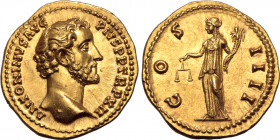 Antoninus Pius AV Aureus. Rome, AD 148-149. ANTONINVS AVG PIVS P P TR P XII, bare head to right / COS IIII, Aequitas, draped, standing to left, holdin...
