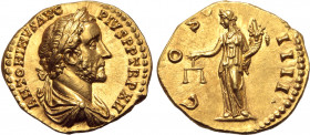 Antoninus Pius AV Aureus. Rome, AD 148-149. ANTONINVS AVG PIVS P P TR P XII, laureate and draped bust to right / COS IIII, Aequitas, draped, standing ...