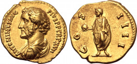 Antoninus Pius AV Aureus. Rome, AD 153-154. ANTONINVS AVG PIVS P P TR P XVII, bare-headed, draped and cuirassed bust to left / COS IIII, Emperor, toga...
