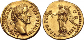 Antoninus Pius AV Aureus. Rome, AD 155-156. ANTONINVS AVG PIVS P P IMP II, laureate head to right / TR POT XIX COS IIII, Victory, draped, advancing to...