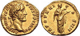 Antoninus Pius AV Aureus. Rome, AD 157-158. ANTONINVS AVG PIVS P P IMP II, laureate head to right / TR POT XXI COS IIII, Salus, draped, standing to ri...