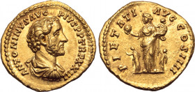Antoninus Pius AV Aureus. Rome, AD 159-160. ANTONINVS AVG PIVS P P TR P XXIII, bare-headed, draped and cuirassed bust to right / PIETATI AVG COS IIII,...