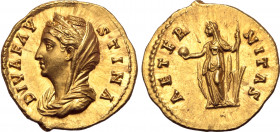 Diva Faustina I (wife of A. Pius) AV Aureus. Rome, AD 141-161. DIVA FAVSTINA, veiled, diademed and draped bust to left / AETERNITAS, Fortuna, veiled a...