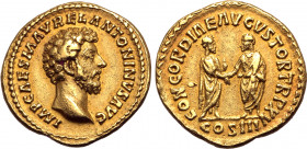 Marcus Aurelius AV Aureus. Rome, March - December AD 161. IMP CAES M AVREL ANTONINVS AVG, bare head to right / CONCORDIAE AVGVSTOR TR P XV, emperor st...