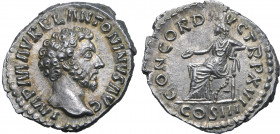 Marcus Aurelius AR Denarius. Rome, AD 161-162. IMP M AVREL ANTONINVS AVG, bare head to right / CONCORD AVG TR P XVI, Concordia seated to left, holding...