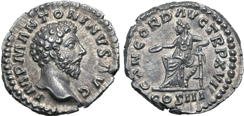 Marcus Aurelius AR Denarius. Rome, AD 162-163. IMP M ANTONINVS AVG, bare head to...