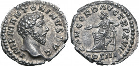 Marcus Aurelius AR Denarius. Rome, AD 162-163. IMP M ANTONINVS AVG, bare head to right / CONCORD AVG TR P XVII, Concordia seated to left, holding pate...