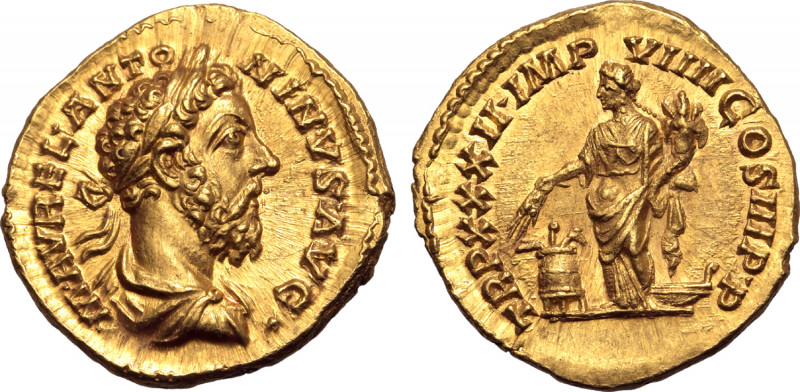 Marcus Aurelius AV Aureus. Rome, AD 177-178. M AVREL▾ANTONINVS AVG▾, laureate, d...