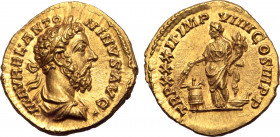 Marcus Aurelius AV Aureus. Rome, AD 177-178. M AVREL▾ANTONINVS AVG▾, laureate, draped and cuirassed bust to right / TR P XXXII▾IMP VIIII COS III P ▾P,...