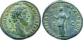 Marcus Aurelius Æ Sestertius. Rome, AD 178-179. M AVREL ANTONINVS AVG TR P XXXIII, laureate head to right / FELICITAS AVG IMP X COS III P P, Felicitas...