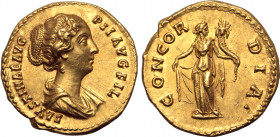Faustina II (daughter of A. Pius) AV Aureus. Rome, AD 145-161. FAVSTINAE AVG PII AVG FIL, draped bust to right / CONCORDIA, Concordia standing facing,...