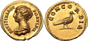 Faustina II (daughter of A. Pius) AV Aureus. Rome, AD 145-161. FAVSTINA AVG PII AVG FIL, draped bust to left / CONCORDIA, dove standing to right. RIC ...