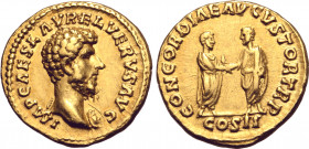 Lucius Verus AV Aureus. Rome, AD 161. IMP CAES L AVREL VERVS AVG, bare head to right, aegis on far shoulder / CONCORDIAE AVGVSTOR TR P, togate figures...