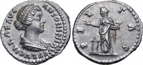 Lucilla (daughter of M. Aurelius) AR Denarius. Rome, AD 164-166. LVCILLAE AVG ANTONINI AVG F, draped bust to right / PIETAS, Pietas standing to left, ...