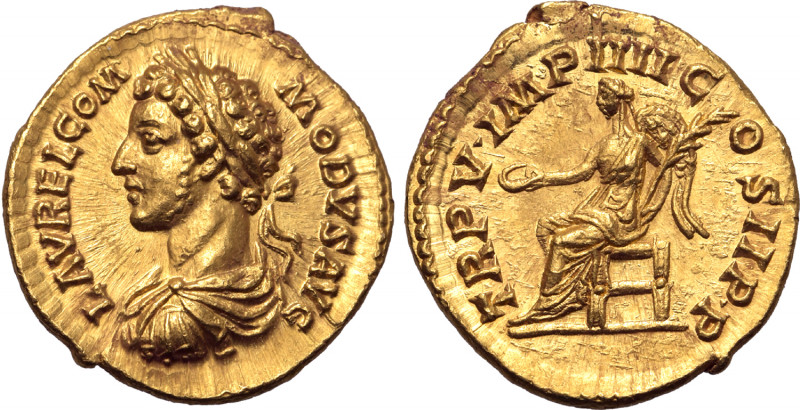 Commodus AV Aureus. Rome, AD 180. L AVREL COMMODVS AVG, laureate, draped, and cu...