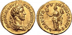 Commodus AV Aureus. Rome, AD 180. M COMMODVS ANTONINVS AVG, laureate and draped bust to right / LIB AVG TR P V IMP IIII COS II P P, Liberalitas, drape...