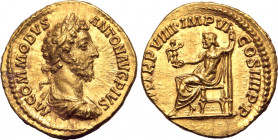 Commodus AV Aureus. Rome, AD 183-184. M COMMODVS ANTON AVG PIVS, laureate, draped and cuirassed bust to right / [P] M TR P VIIII IMP VI COS IIII P P, ...