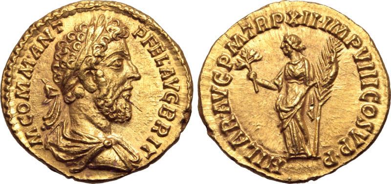 Commodus AV Aureus. Rome, AD 186-187. M COMM ANT P FEL AVG BRIT, laureate and dr...