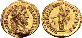 Commodus AV Aureus. Rome, AD 187-188. M COMM ANT P FEL AVG BRIT, laureate, draped and cuirassed bust to right / P M TR P XIII IMP VIII COS V P P, Aequ...
