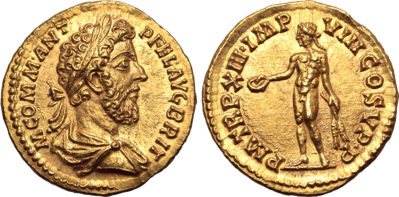 Commodus AV Aureus. Rome, AD 187-188. M COMM ANT P FEL AVG BRIT, laureate and dr...