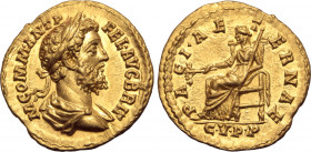 Commodus AV Aureus. Rome, AD 189. M COMM ANT P FEL•AVG BRIT, laureate and draped bust to right / PACI•AETERNAE, Pax seated to left, holding olive bran...