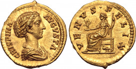 Crispina (wife of Commodus) AV Aureus. Rome, AD 180-183. CRISPINA AVGVSTA, draped bust to right / VENVS•FELIX, Venus seated to left, holding Cupid, wh...