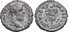 Pescennius Niger AR Denarius. Antioch, AD 193-194. IMP CAES C PESC NIGER IVST AV, laureate head to right / INVICTP IMPEPAT (sic), trophy; arms at base...