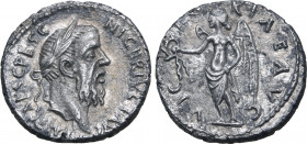 Pescennius Niger AR Denarius. Antioch, AD 193-194. IMP CAES C PESC NIGER IVST AVG, laureate head to right / VICTORIAE AVG, Victory standing to left, h...