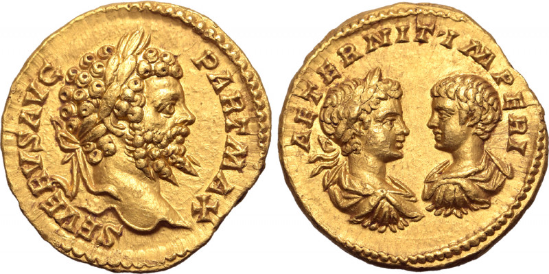 Septimius Severus, with Caracalla and Geta, AV Aureus. Rome, AD 200-201. SEVERVS...