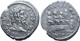 Septimius Severus AR Denarius. Rome, AD 204. SEVERVS PIVS AVG, laureate head to right / FELICITAS, emperor and sons, togate, seated to right on platfo...