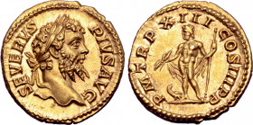 Septimius Severus AV Aureus. Rome, AD 205. SEVERVS PIVS AVG, laureate head to right / P M TR P XIII COS III P P, Jupiter standing to left, holding thu...