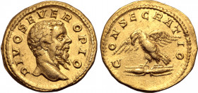 Divus Septimius Severus AV Aureus. Rome, AD 211. DIVO SEVERO PIO, bare head to right / CONSECRATIO, eagle standing to left on thunderbolt, with wings ...