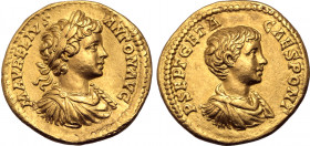 Caracalla AV Aureus. Rome, AD 198-201. M AVRELIVS ANTON AVG, laureate, draped and cuirassed bust of Caracalla to right / P SEPT GETA CAES PONT, bare-h...