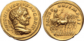 Caracalla AV Aureus. Rome, AD 213. ANTONINVS PIVS AVG BRIT, laureate and cuirassed bust to right / P M TR P XVI IMP II, Caracalla, laureate and draped...