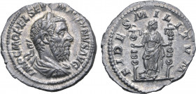 Macrinus AR Denarius. Rome, AD 217-218. IMP C M OPEL SEV MACRINVS AVG, laureate, draped and cuirassed bust to right / FIDES MILITVM, Fides standing fa...