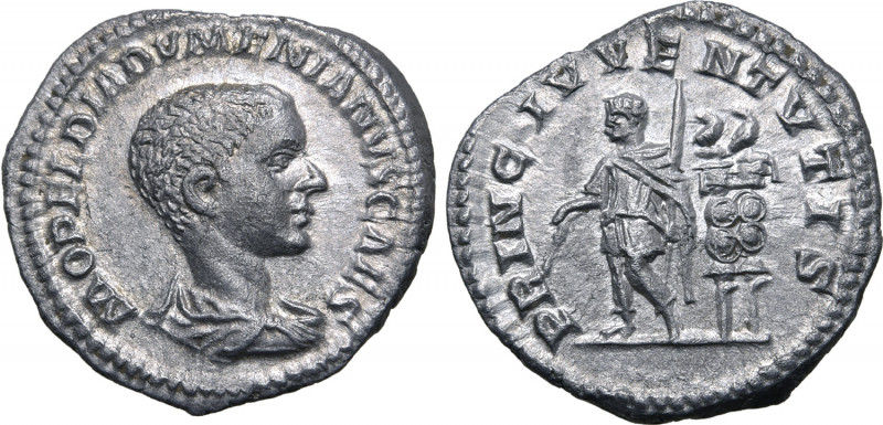 Diadumenian, as Caesar, AR Denarius. Rome, AD 217-218. M OPEL DIADVMENIANVS CAES...