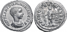 Diadumenian, as Caesar, AR Denarius. Rome, AD 217-218. M OPEL ANT DIADVMENIAN CAES, bare-headed and draped bust to right / PRINC IVVENTVTIS, Prince st...