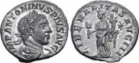 Elagabalus AR Denarius. Rome, AD 218-222. IMP ANTONINVS PIVS AVG, laureate and draped bust to right / LIBERALITAS AVG III, Liberalitas standing to lef...