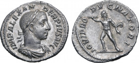 Severus Alexander AR Denarius. Rome, AD 231. IMP ALEXANDER PIVS AVG, laureate, draped and cuirassed bust to right / IOVI PROPVGNATORI, Jupiter standin...